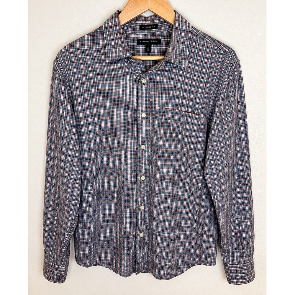 Banana Republic Mens M Untucked Fit Flannel Shirt Blue Plaid 100% Cotton